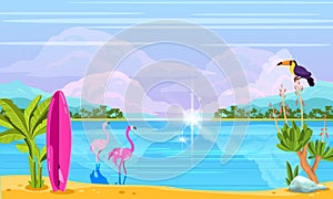 Horizontal marine scenery with ocean, sand, exotic plants, flamingo, toucan, surfboard and clouds.